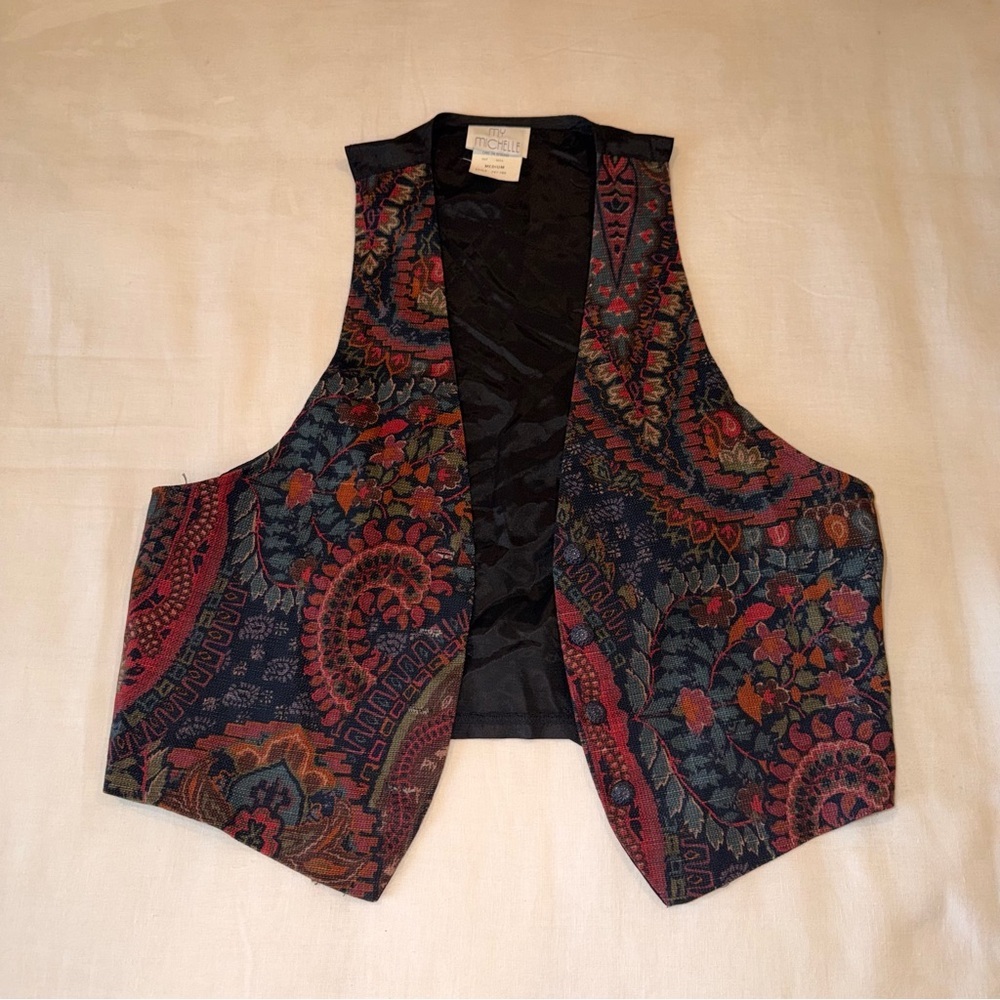 Vintage Tapestry Vest Boho Floral Paisley Open Front Layer Multicolor M